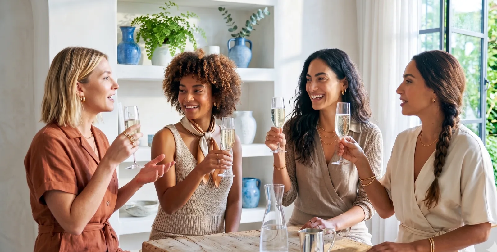 Vier vrouwen proosten met een glas in een lichte, rustige ruimte.