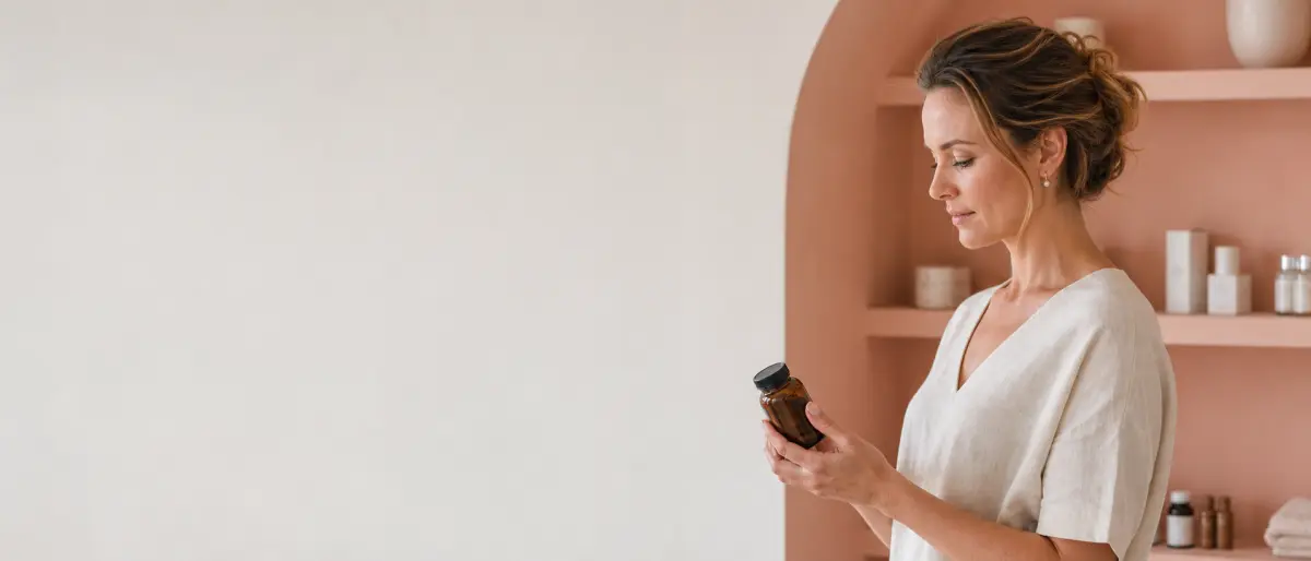 Salonondernemer bekijkt een ongelabelde supplementfles in een rustige koraalkleurige salonruimte