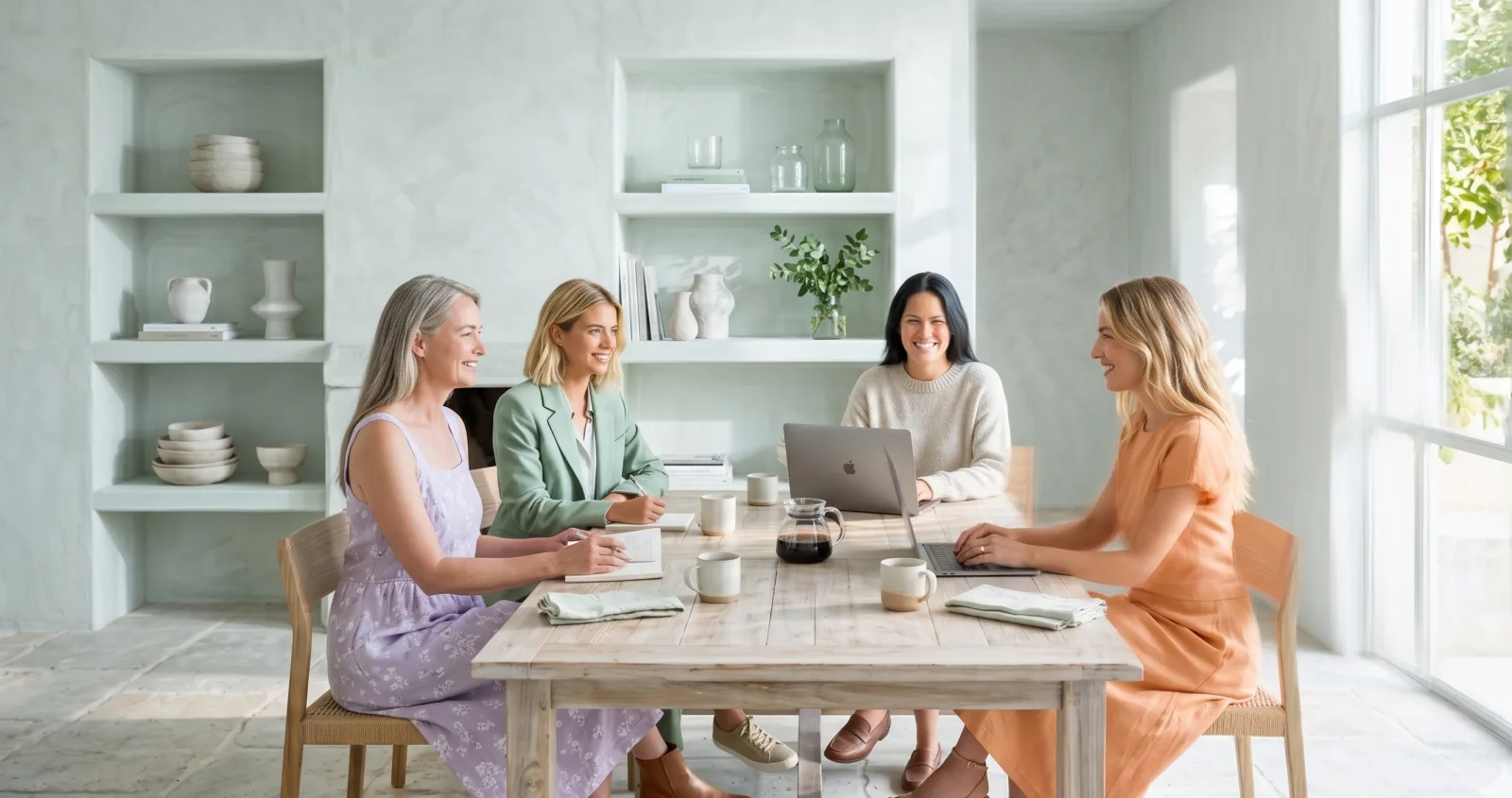 Vier vrouwen werken samen rond een houten tafel met laptop en koffie in een lichte werkruimte.